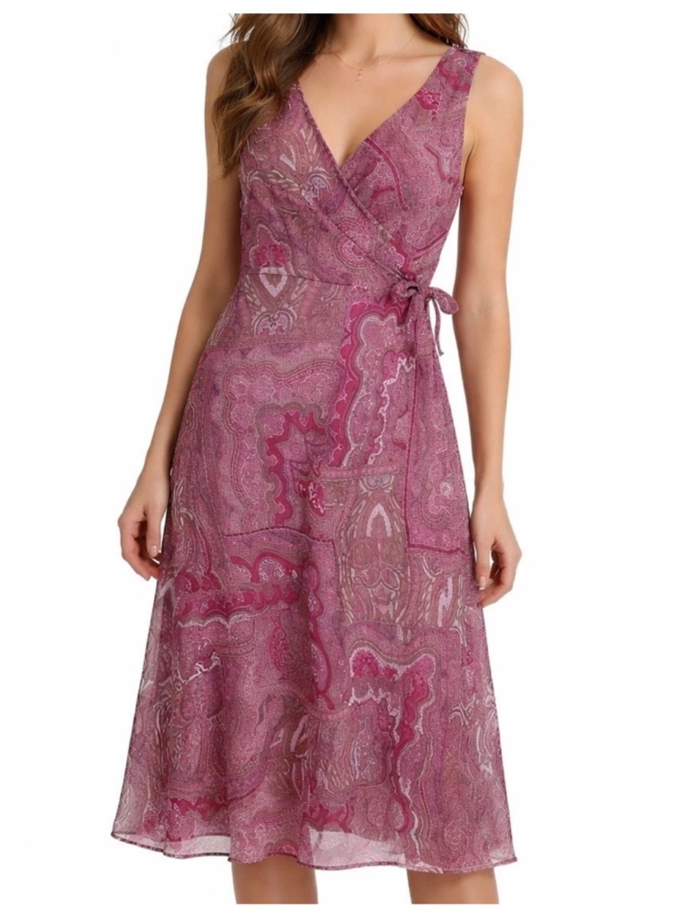 Merona Chiffon Paisley Dress Pink Floral Sleeveless Faux Wrap 6 Boho Feminine 16
